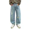 Pantalones vaqueros de pierna ancha para hombre, estilo americano moderno, rasgados, con corte de cuchillo curvo, lavado vintage, talla grande