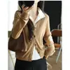 Estilo de moda 'old money', camisa de color block tipo dos piezas, cuello alto, cárdigan de punto de lino y lana, top holgado de manga larga para mujer, colección de otoño