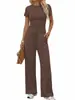 Conjunto Casual de Cor Sólida com Top de Manga Curta Franzido e Calça Wide Leg de Cintura Alta Esportivo - Novo Produto Europeu e Americano da Amazon 2026