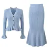 Vestido Otoño/Invierno 2025 con Cintura Ceñida, Mangas Acampanadas, Parte Superior de Punto + Vestido Traje de Cola de Pez, Estilo Largo para Otoño e Invierno