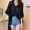 Tricô com Recortes Estilo Coreano Mangas Morcego Decote V para Mulheres 2025 Novo Estilo Verão Estilo Preguiçoso Tamanho Grande Blusa Top Soltinha