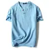 Camiseta de manga corta de lino vintage para hombre, fina, de media manga, color liso, con cuello en V, holgada, de algodón y lino, talla grande
