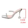 26 Novos Modelos de Chinelos Transparentes com Strass de Tamanho Grande e Salto Alto para Mulheres, Salto Fino, Bico Quadrado, Para Uso Externo, Sapatos Sexys de Cristal com Uma Tira