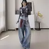 Comércio Transfronteiriço Jeans Lavado Retrô Americano para Homens e Mulheres, Design Solto, Calças de Perna Larga Modernas, Marcas da Moda