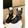 Botas de moda estilo europeo, tela de retazos de nicho, hebilla, para mujer, 2026 Otoño, botas de media pantorrilla, punta redonda, botas de vaquero
