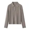 Suéter de malha branco texturizado com gola semiaberta e efeito emagrecedor, gola polo, lã pura, top feminino de outono