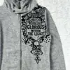Chaqueta cárdigan de chica hot retro americana transfronteriza con estampados de calavera, cruz y letras, cuello alto, cremallera completa y bolsillos