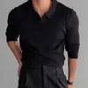 Camisa Polo de Manga Larga a Rayas de Color Sólido Nueva de Otoño para Hombre Tendencia Simple Muscular Deportes Fitness Cuello Camisero Camisa de Punto
