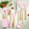 Utensílios de Cozinha Resistentes a Altas Temperaturas com Cabo de Madeira para Uso Doméstico Espátula de Silicone Espátula para Frigideira Antiaderente Colher de Sopa Ferramentas de Confeitaria Conjunto de 12 Peças Atacado