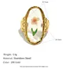 Mengjia Europeu e Americano Transfronteiriço Mais Vendido Anel Longo Oval Flor de Cerejeira Joia Aço Inoxidável Banhado a 18K Esmalte Anel Margarida para Mulheres