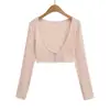 7731-26 Otoño Chica Caliente Sexy Cuello en V Profundo de un Solo Botón Manga Larga Camiseta Ajustada Top Corto Color Sólido Camiseta Básica Tres