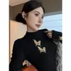 Camiseta de Manga Larga Mariposa Negra Industria Pesada para Mujer Nicho Cuello Medio Alto Top Diseño para Mujer Camiseta Básica Uso Interno Uso Externo