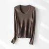 Camisa Básica de Tricô com Gola U e Manga Longa em Mistura de Lã e Seda para Mulheres, Top Versátil Confortável de Corte Justo, Camisa Básica de Lã
