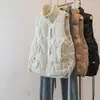 Foto Real de Colete de Algodão com Gola Alta e Cordão Lateral para Mulheres Plus Size Outono e Inverno Quente Sem Mangas Solto Casual