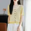 Estilo Ligero y Elegante, Suéter de Punto Transpirable de Lino Hielo con Cuello en V y Manga Corta para Mujer, Cárdigan Suelto de Verano con Botones, Top Cómodo, Camiseta de Moda