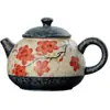 Tetera Cerámica para el Hogar Estilo Antiguo Pintada a Mano con Esmalte Color Caramelo, Diseño Azul Índigo y Ciruela Roja, con Filtro de Agujero de Bola para Té Kung Fu