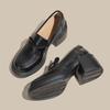 Zapatos de Cuero de Suela Gruesa Estilo Británico Mocasines de Tacón Grueso para Mujer 2025 Primavera Nuevo Otoño Flor Tacón Alto Zapatos Perezosos