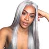 Peluca frontal de encaje de AliExpress, estilo europeo y americano, para mujer, cabello largo y liso, gris plateado, con cubierta superior de fibra química.