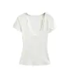 2026 Camiseta Casual Simple Versátil de Verano Transfronteriza para Mujer, Ajustada en la Cintura, Ceñida, Corte Delgado, Cuello en U, Hombro Normal, Manga Corta