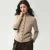 Estilo relajado~ Elegante cárdigan de punto de cachemira con cuello alto para mujer, engrosado para otoño e invierno, con detalles de patchwork