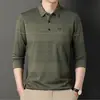 Camiseta de manga larga de primavera para hombre con cuello, ropa para hombres de mediana edad y mayores, top con bolsillo real, polo a rayas