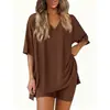 Comercio Exterior Transfronterizo Europeo y Americano Amazon Ropa de Mujer Verano Nueva Moda Casual Holgado Cuello en V Pijama Ropa para el Hogar Color Sólido Conjunto