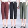 Calça feminina de seda gelada de alta qualidade, calça de verão para senhoras, meia-idade e idosos, mãe de meia-idade e idosos, calça fina de verão, calça de sete oitavos para idosos