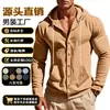 Camisa hawaiana casual de lino para hombre, de manga larga con capucha, holgada, a la moda, estilo americano, para cuatro estaciones, transfronteriza de Amazon
