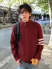 Suéter masculino vermelho com três listras para o ano do zodíaco, cardigã de tricô casual retrô de inverno