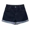 Shorts de mezclilla azul oscuro retro para mujer, de verano, de cintura alta, holgados, línea A, pierna ancha, con dobladillo, casual, adelgazantes, hot pants