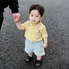 Estilo Coreano para Niños Verano 2026 Nuevo Amarillo Bordado Cuello Polo Suéter de Manga Corta Niños Rayas Azules Shorts Casuales
