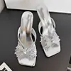 Pantuflas de Tacón Alto Abiertas con Lazo de Pedrería Estilo Francés 2026 Nueva Moda Tacones de Aguja Cuadrados para Combinar con Vestidos