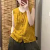 Camisa sin mangas de lino y algodón con diseño de bolsillo retro suelto para mujer, top cárdigan, novedad de verano de este año