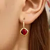 Brincos de Gancho Pendentes Quadrados Coloridos em Aço Inoxidável Banhado a Ouro 18k, Temperamento Multicor, Luxo Leve Europeu e Americano, Joias para Mulheres