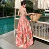 Vestido de Playa Estilo Francés con Estampado Floral Rojo para Mujer, Verano 2026 de Gama Alta Juvenil Elegante Vestido Largo para la Hora del Té