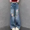 Calça jeans vintage solta de perna larga cintura alta comprimento no chão lavada estilo high street, novos jeans rasgados relaxados estilo americano de verão para mulheres