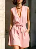 Vestido de verão elegante europeu e americano transfronteiriço Amazon 2026 novo, sem mangas, decote V, acinturado, para mulheres