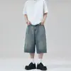 Jeans cropped de perna larga lavado estilo coreano de verão para homens e mulheres, corte solto, tamanhos grandes, silhueta emagrecedora, shorts retos, calças de comprimento médio da moda