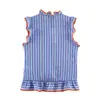 Ropa de verano nueva transfronteriza para mujer, estilo europeo y americano, moda de comercio exterior, top de camiseta sin mangas a rayas con decoración en capas