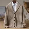 Chamarra suéter 100% lana pura para hombre, cuello camisero, suéter tejido business casual, nuevo cárdigan de lana versátil y rejuvenecedor para hombre