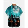 2023 Estación independiente nueva transfronteriza Halloween elementos creativos estampados vacaciones de verano suelta solapa talla grande camisa corta ropa de hombre