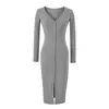 Vestido de Forro Polar Elegante y Suave con Cuello en V y Mangas Largas, Vestido Base Midi Ajustado de Manga Larga con Botones al Frente y Cuello en V para Primavera