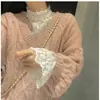 Camiseta interior de encaje para mujer, cuello alto, suéter de otoño e invierno, top de malla con manga de campana estilo western, camisa de encaje de manga larga