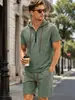 Conjunto de camisa de lino de manga corta para hombre transfronterizo, pantalón corto de trabajo tipo jersey con cuello, estilo vacacional de playa europeo y americano