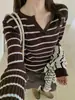 Ropa Interior de Punto Rayas Blancas y Negras Estilo Coreano para Mujer, Mezcla de Seda y Lana, Nuevo Artículo de Otoño Top de Manga Larga