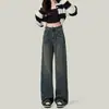 Jeans Retrô Feminino Reto Solto Cintura Alta Primavera Outono 2024 Novo Altura Baixa Comprimento Total Perna Estreita Perna Larga Calças