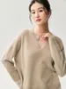 Pode ser usado em camadas! Suéter feminino de cashmere, gola redonda em U, corte solto e relaxado, pulôver de manga longa em tricô macio