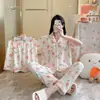 2025 Novo Cardigan Nuvens Algodão Primavera e Outono Pijama Feminino Manga Curta Calça Terno de Pijama Três Peças Roupa de Casa