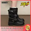 Botas plisadas con hebilla de remache retro, botas de montar de suela gruesa, botas de tacón grueso para mujer, nuevo estilo 2026, botines negros