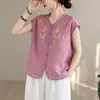 Nueva blusa de encaje bordado estilo chino de manga corta para mujer, nueva blusa vintage de algodón y lino para mujer, verano 2026